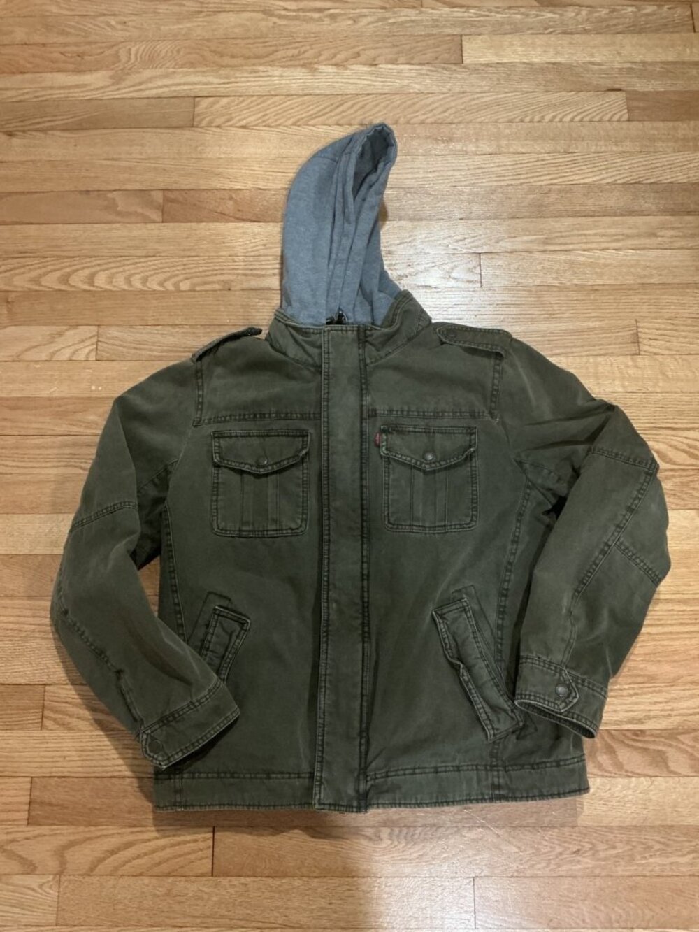 Levi’s Men’s Utility Jacket Hooded Coat Olive Green Sherpa Lined Sz M